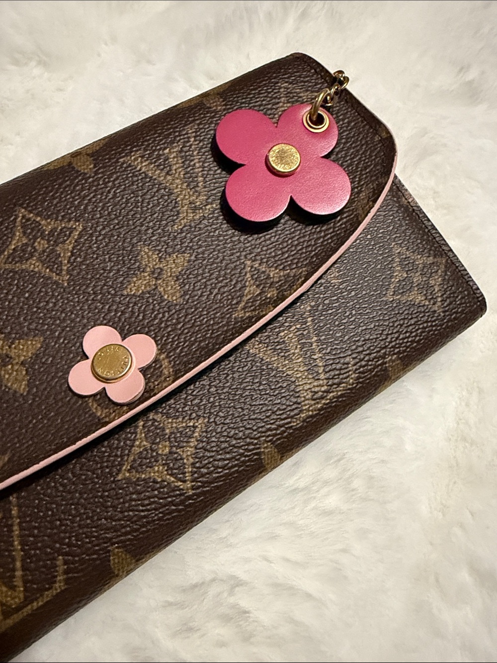 Authentic Louis Vuitton Emilie Wallet w/ Pink Flower Snap & Flower Charm